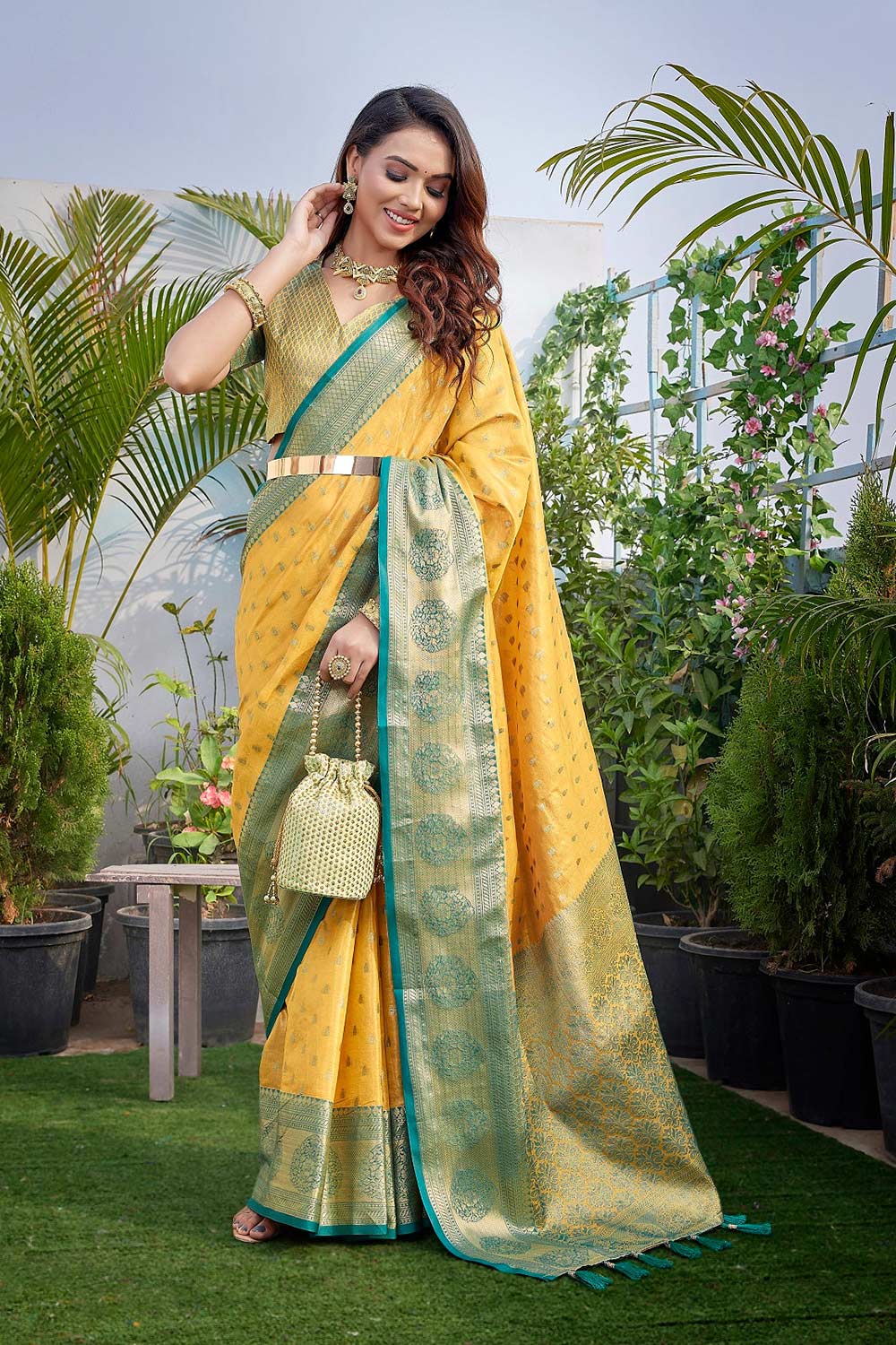 Yellow Silk Blend Woven Saree