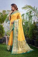 Yellow Silk Blend Woven Saree