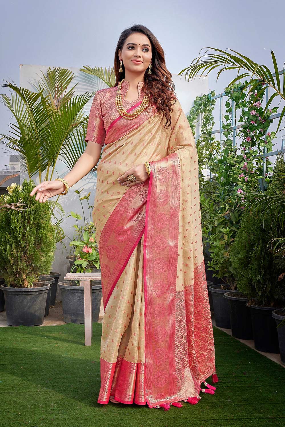 Off-White Silk Blend Woven Saree