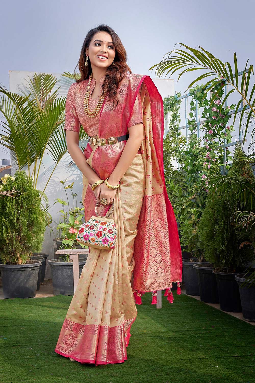 Off-White Silk Blend Woven Saree