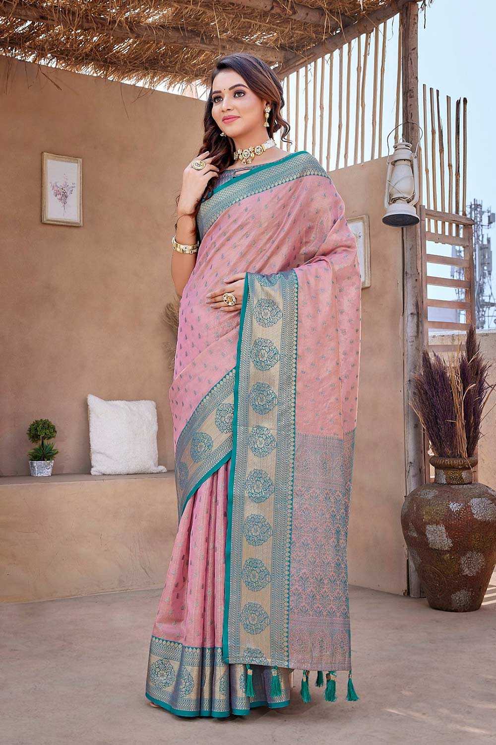 Pink Silk Blend Woven Saree