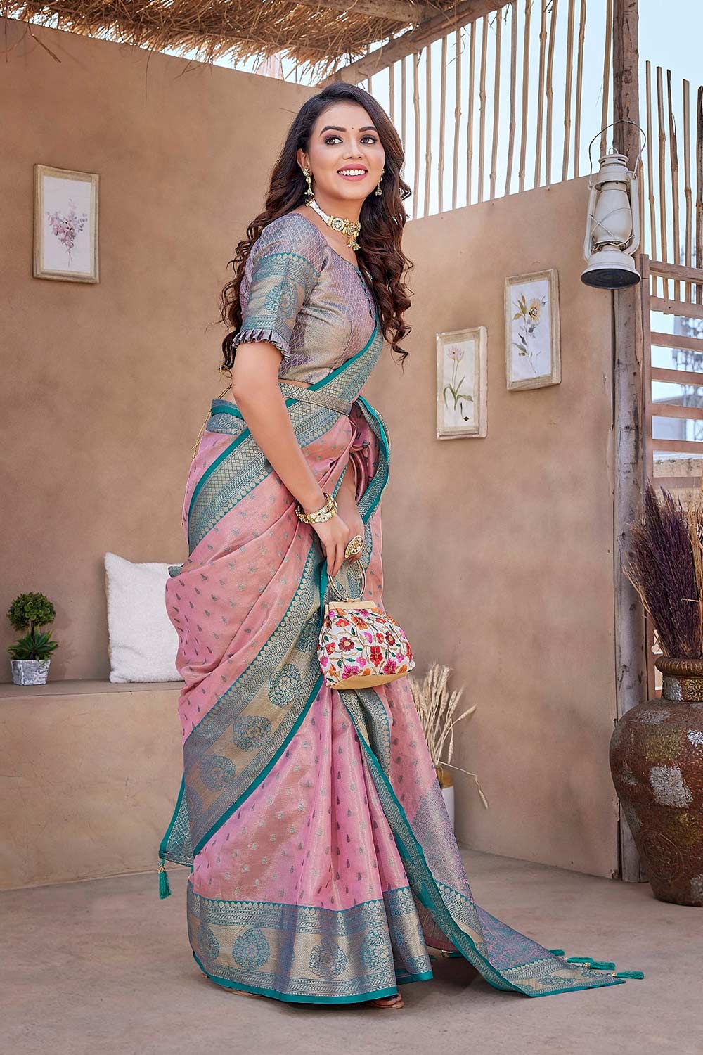 Pink Silk Blend Woven Saree