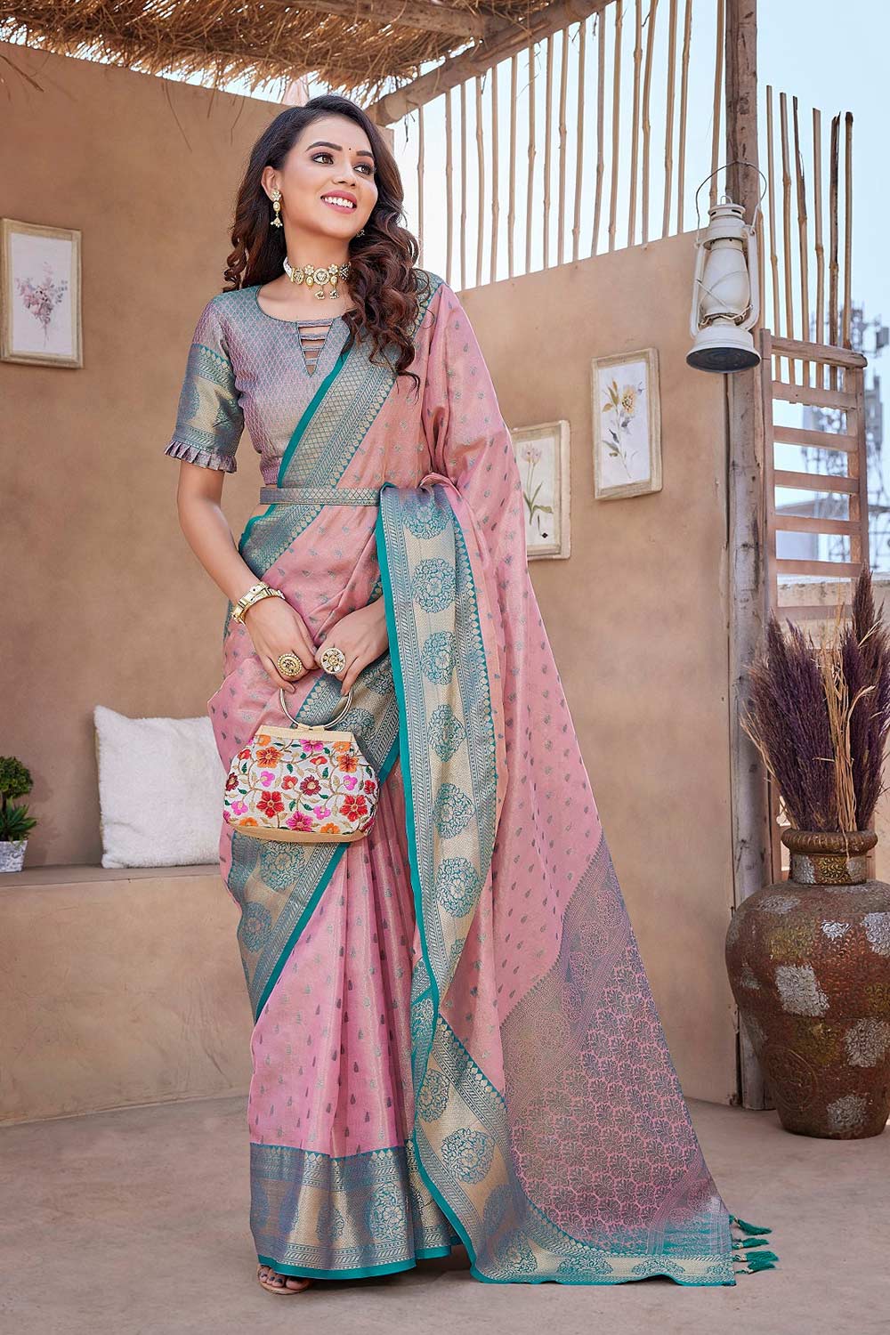 Pink Silk Blend Woven Saree