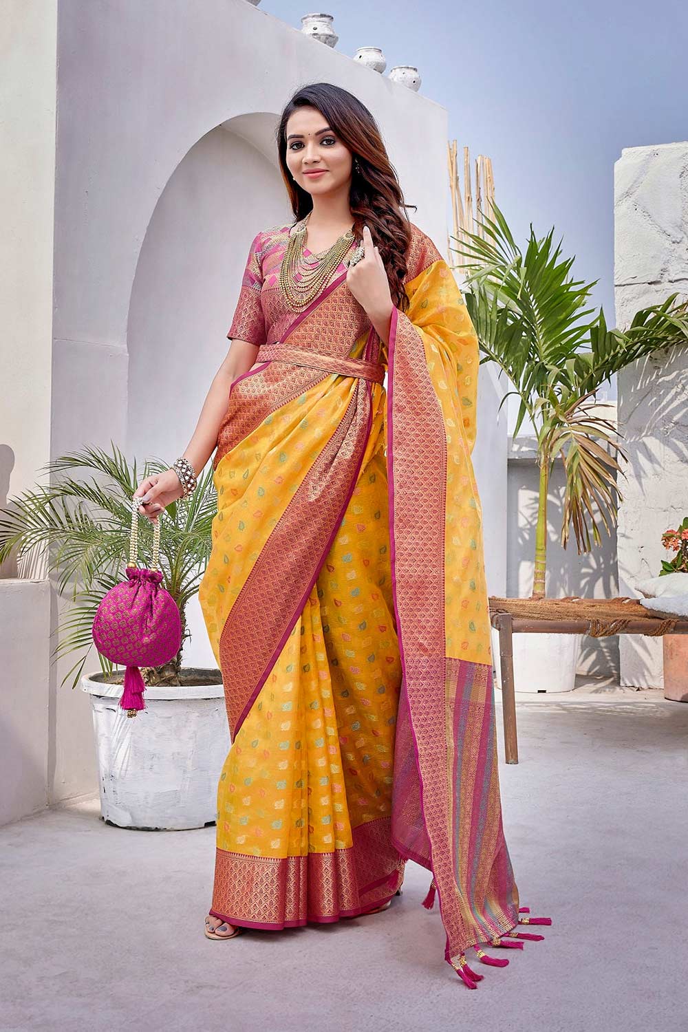 Yellow Silk Blend Woven Saree