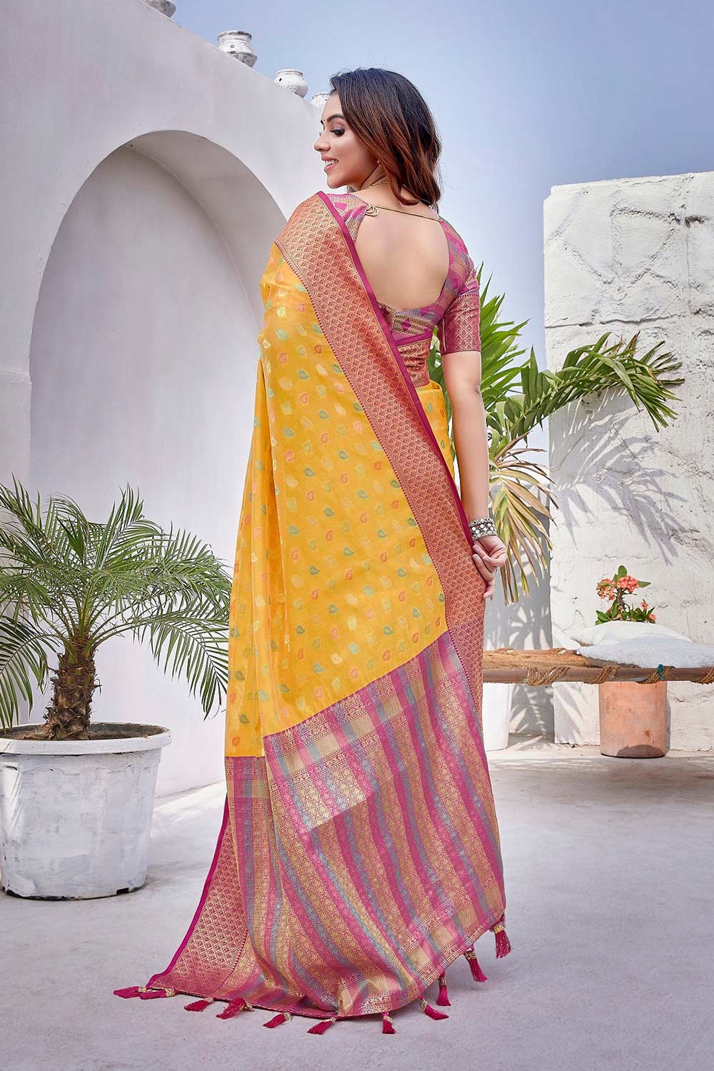 Yellow Silk Blend Woven Saree