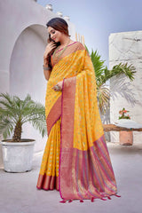 Yellow Silk Blend Woven Saree