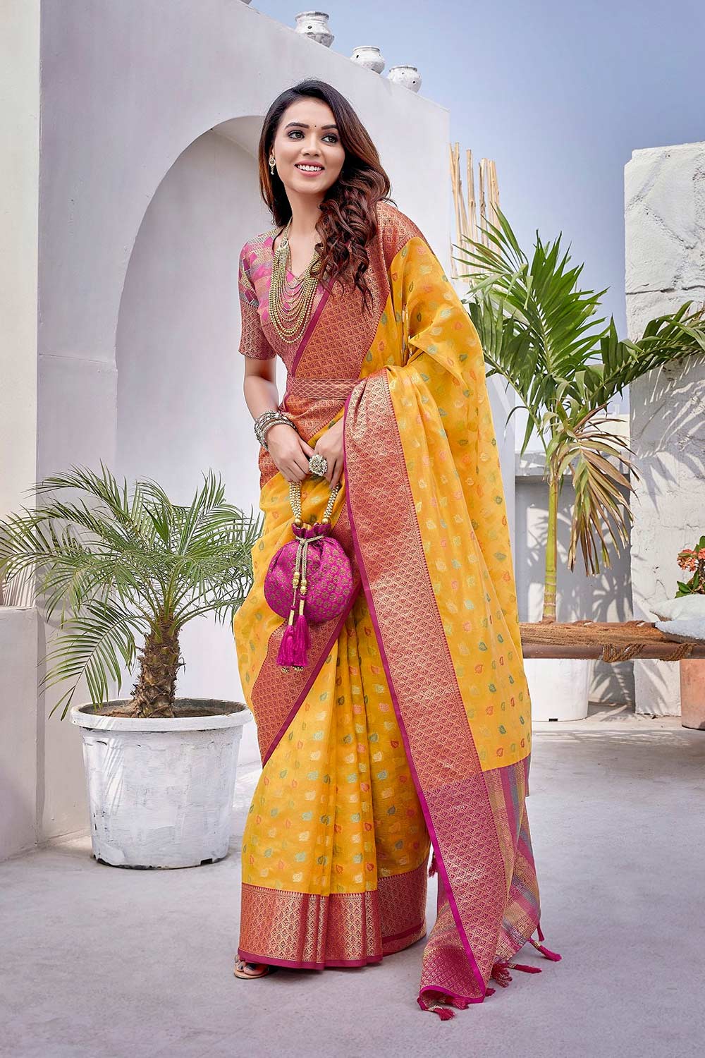 Yellow Silk Blend Woven Saree