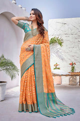 Orange Silk Blend Woven Saree