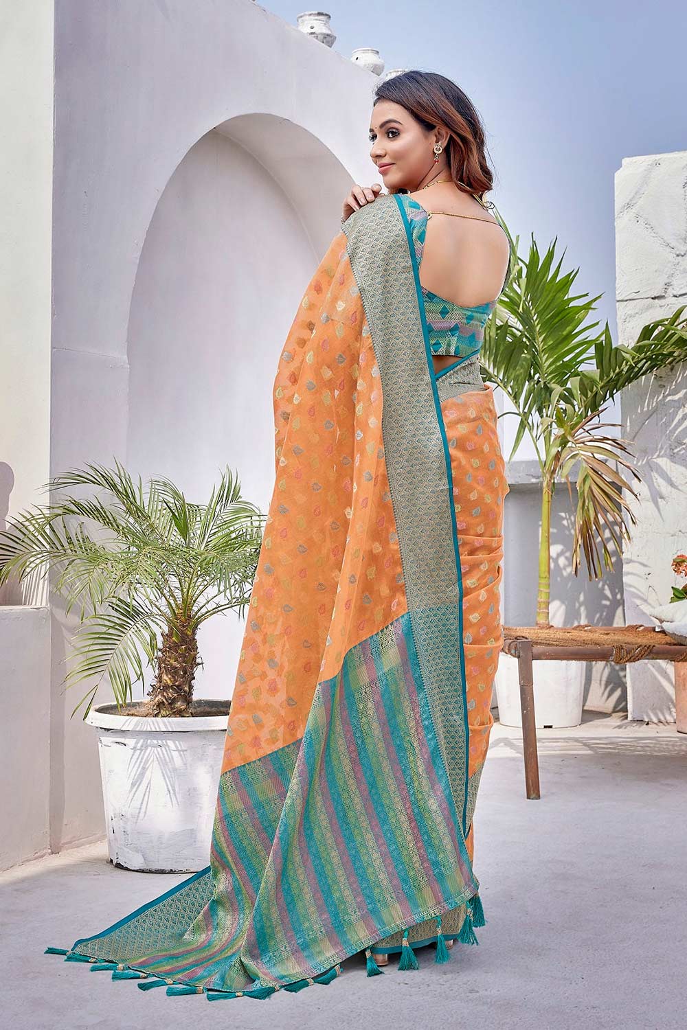 Orange Silk Blend Woven Saree