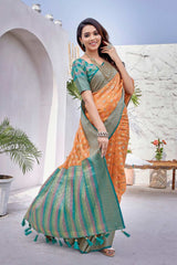 Orange Silk Blend Woven Saree