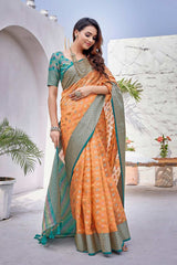 Orange Silk Blend Woven Saree