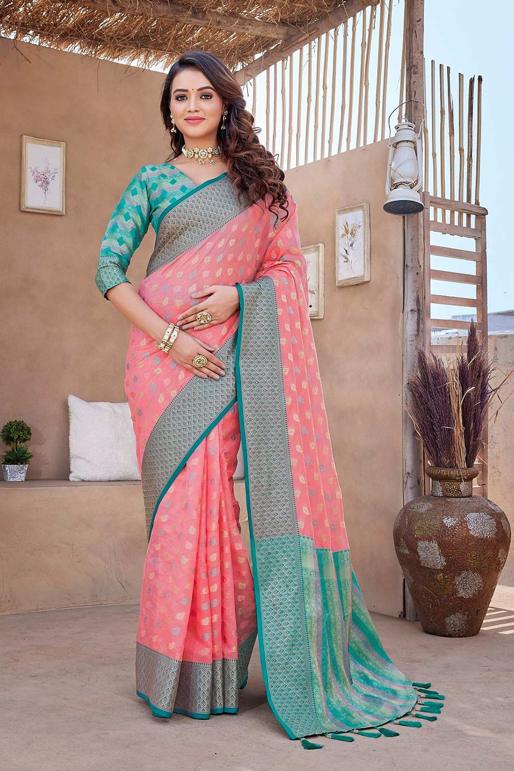 Pink Silk Blend Woven Saree