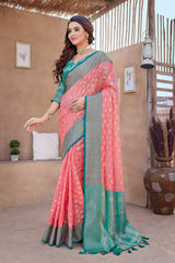 Pink Silk Blend Woven Saree