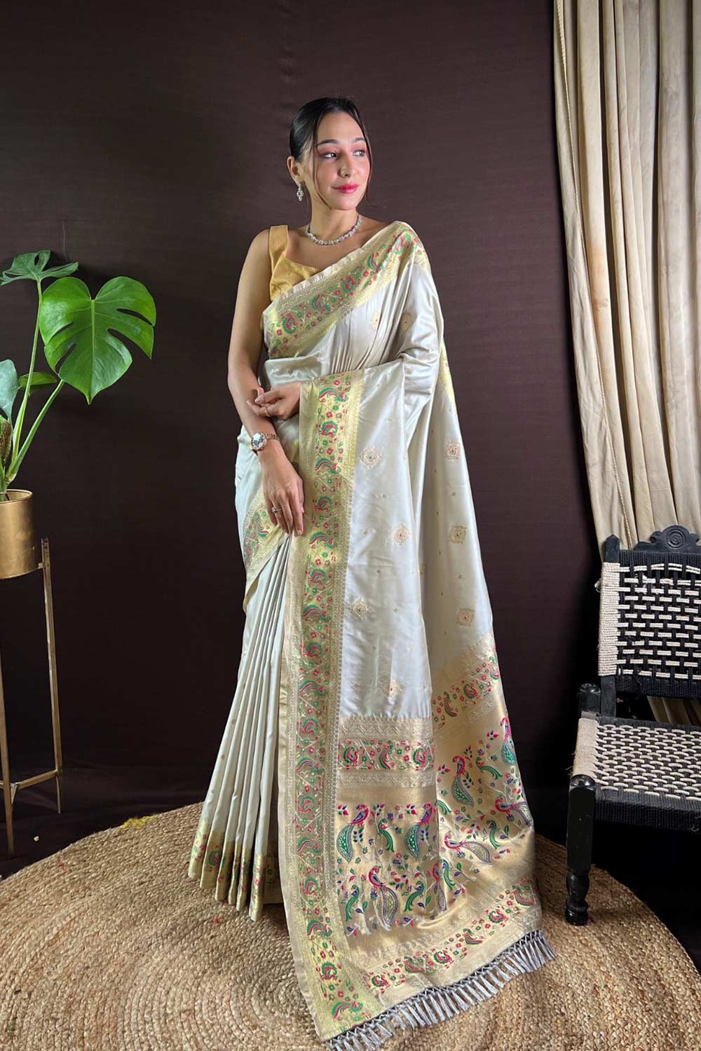 White Silk Blend Zari  Saree