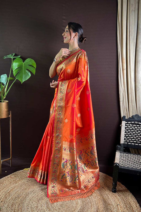 Orange Silk Blend Zari  Saree