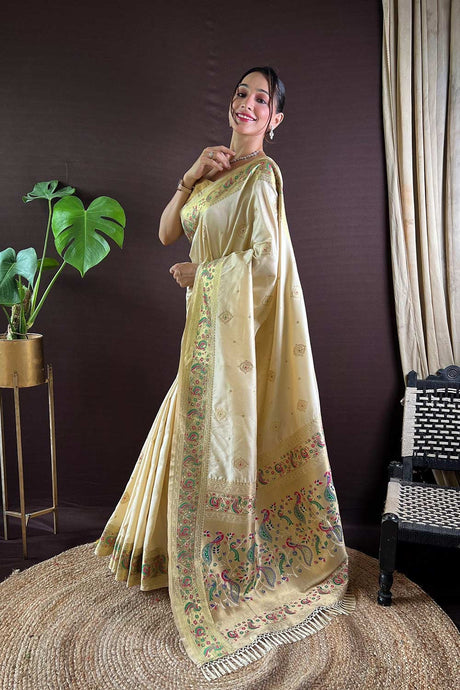 Off-White Silk Blend Zari  Saree