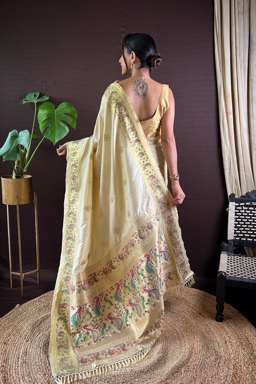 Off-White Silk Blend Zari  Saree