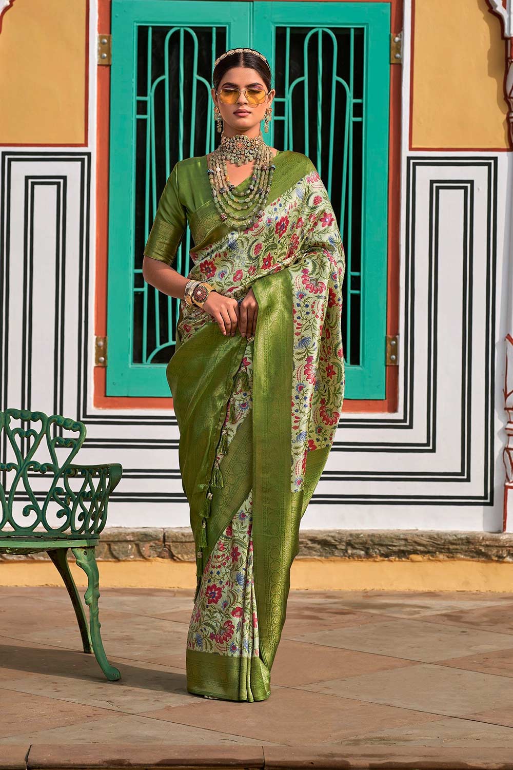 Green Silk Blend Woven Saree