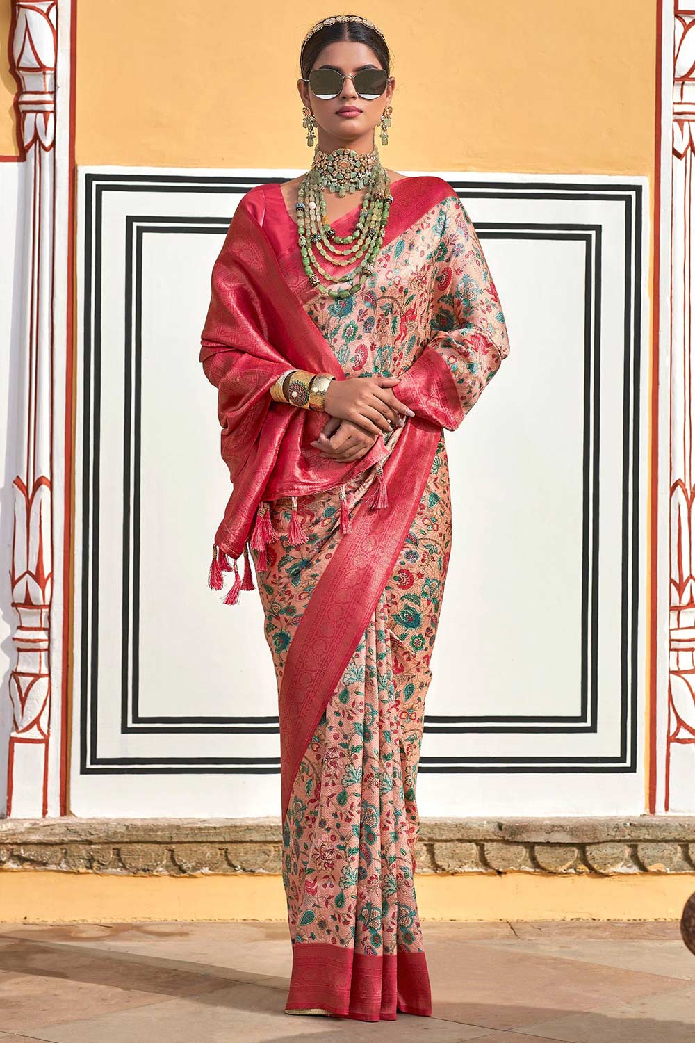 Red Silk Blend Woven Saree