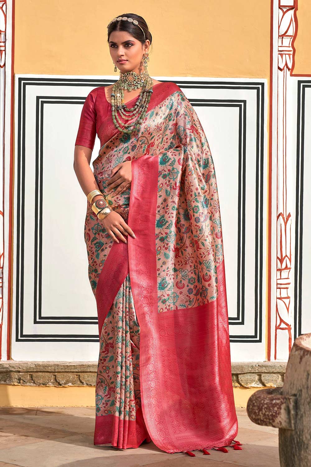 Red Silk Blend Woven Saree