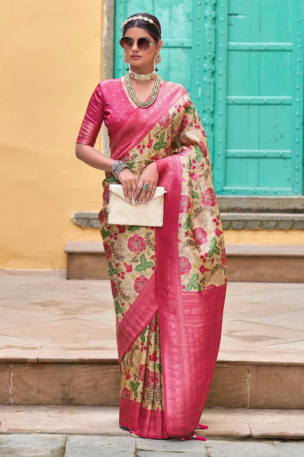 Pink Silk Blend Woven Saree