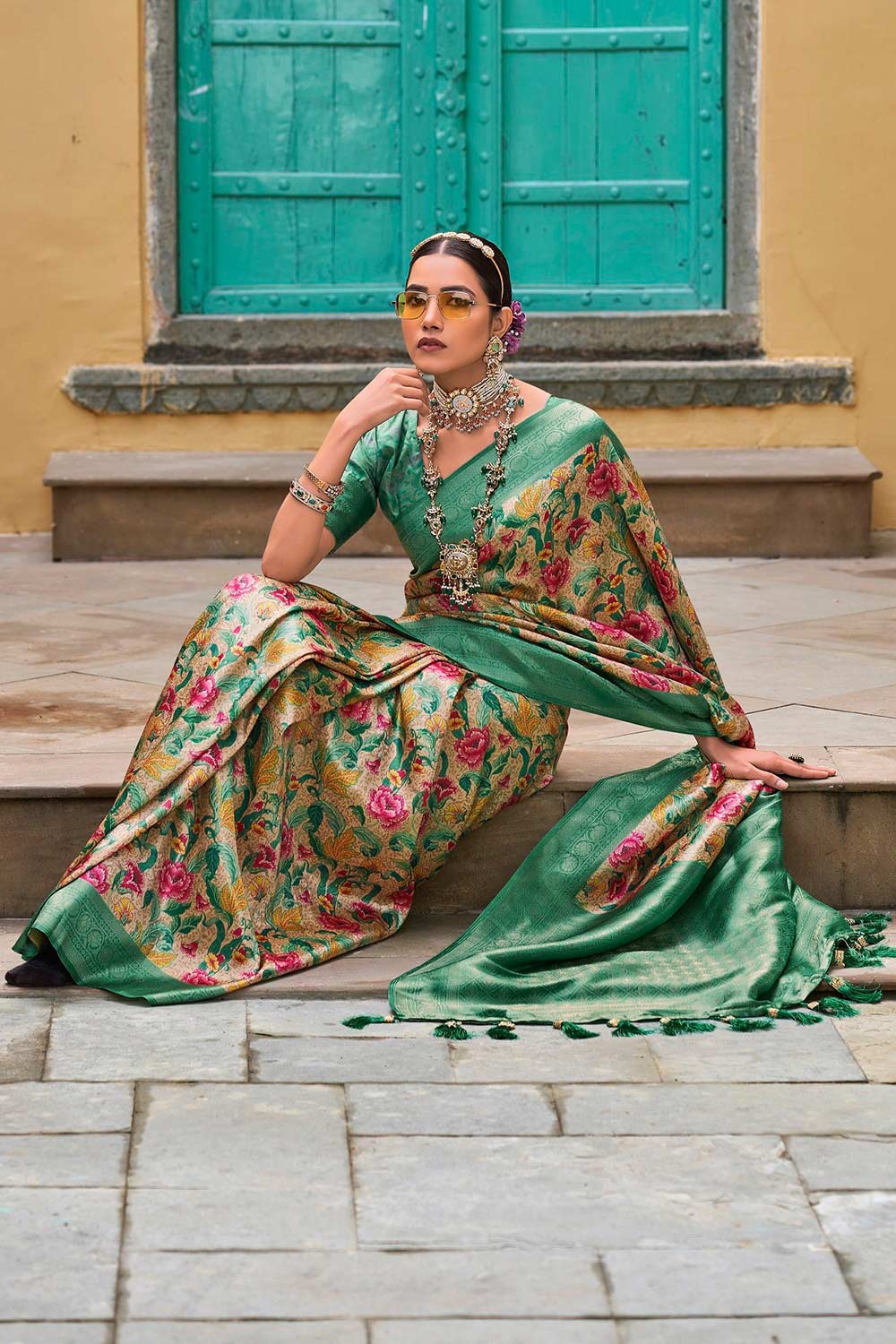 Green Silk Blend Woven Saree