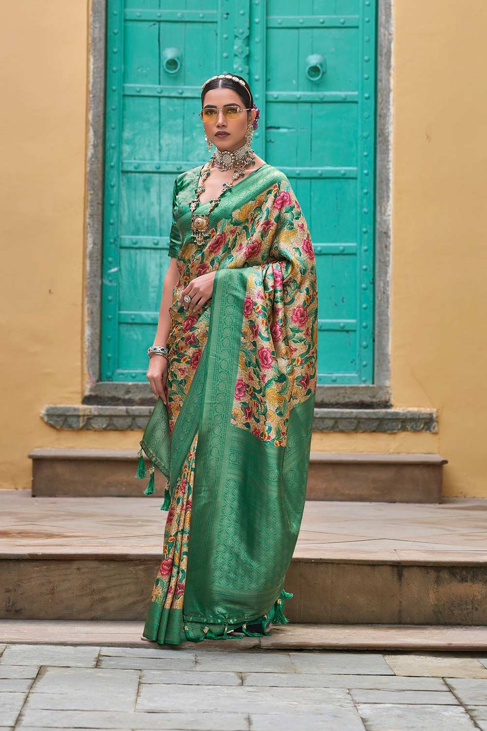 Green Silk Blend Woven Saree