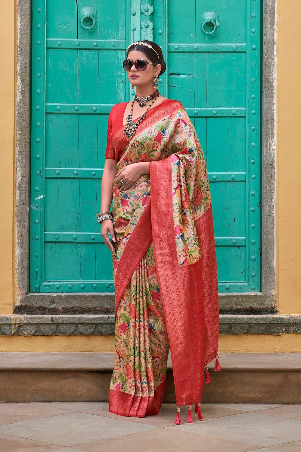 Red Silk Blend Woven Saree