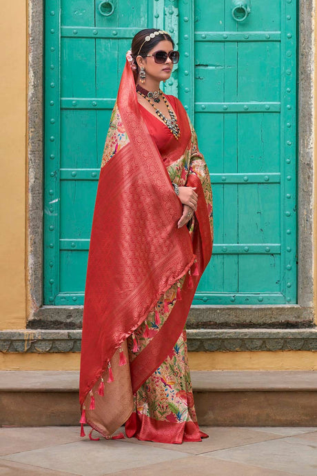 Red Silk Blend Woven Saree