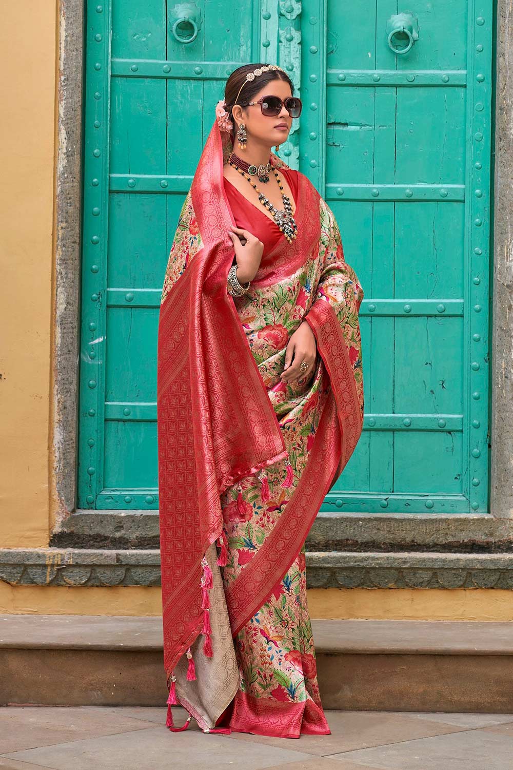 Red Silk Blend Woven Saree