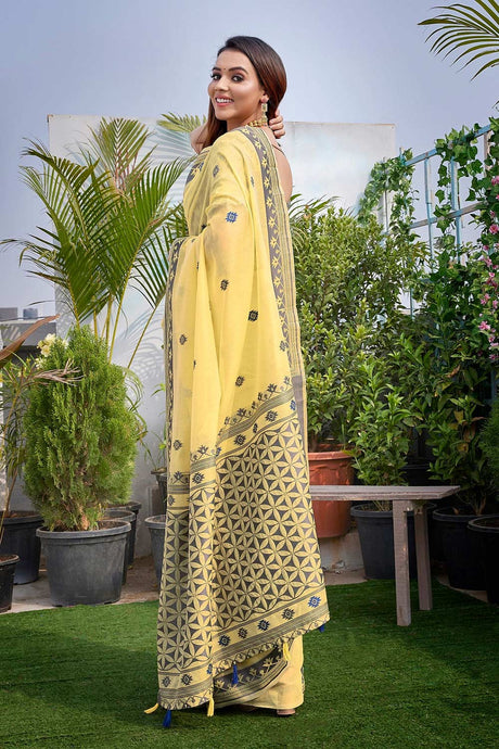 Yellow Silk Blend printed Saree