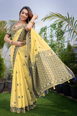 Yellow Silk Blend printed Saree