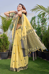 Yellow Silk Blend printed Saree