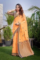 Orange Silk Blend printed Saree