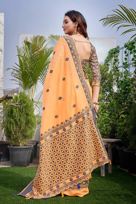 Orange Silk Blend printed Saree