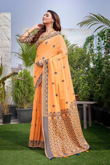 Orange Silk Blend printed Saree