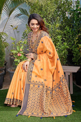 Orange Silk Blend printed Saree