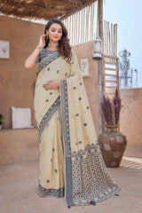 Off-White Silk Blend printed Saree