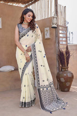 Off-White Silk Blend printed Saree