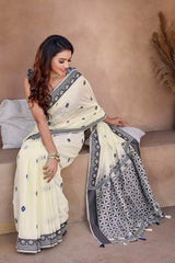 Off-White Silk Blend printed Saree