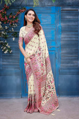 Off-White Silk blend Woven Saree