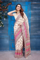 Off-White Silk blend Woven Saree