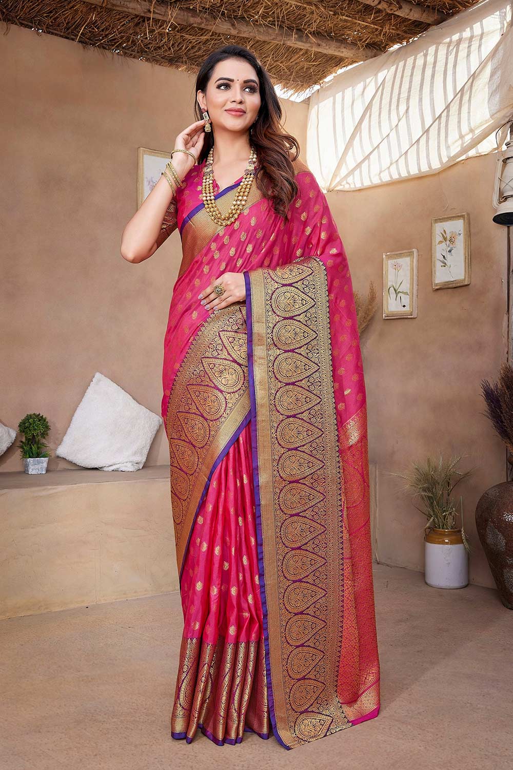 Pink Silk Blend Zari  Saree