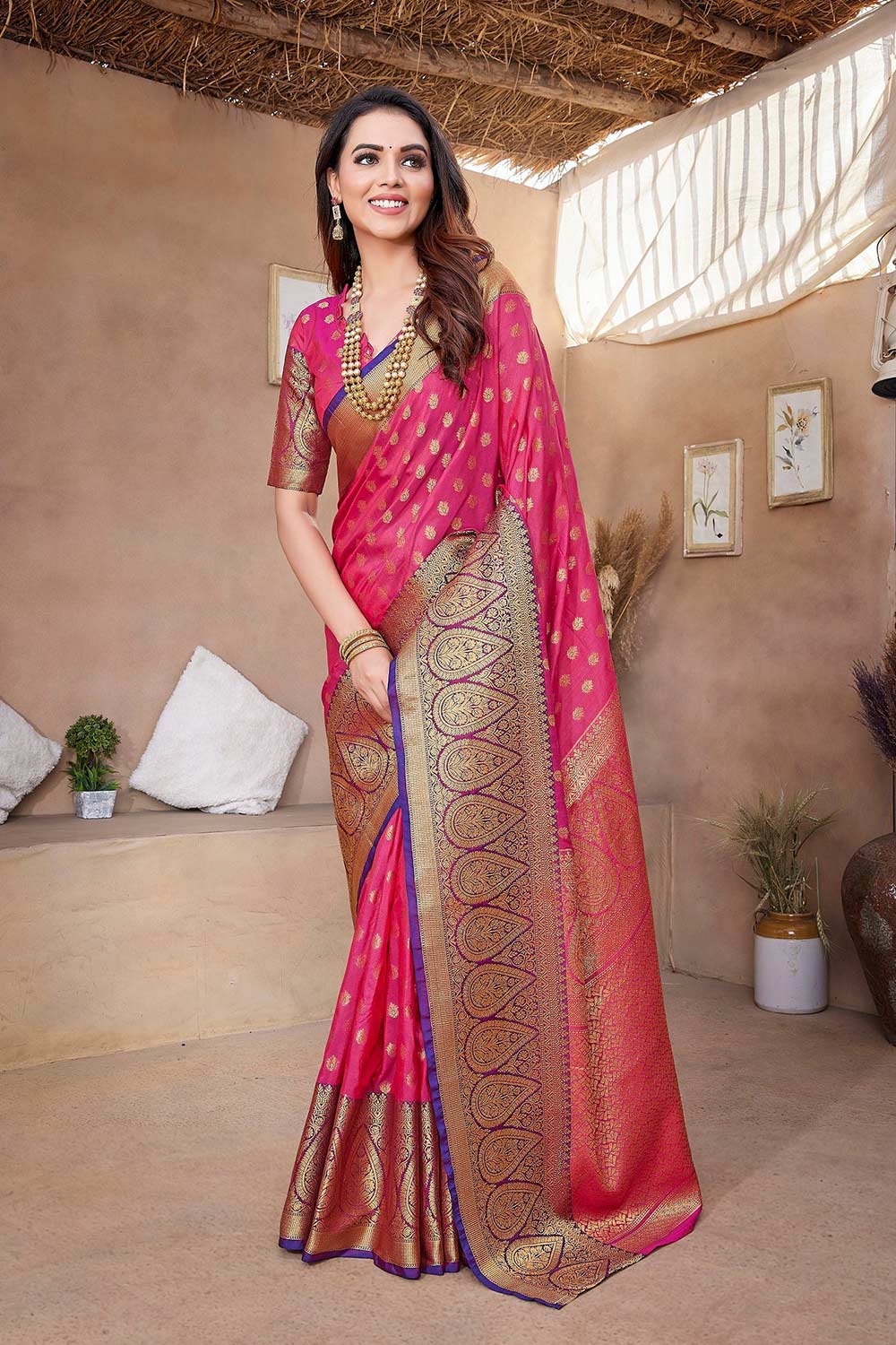 Pink Silk Blend Zari  Saree