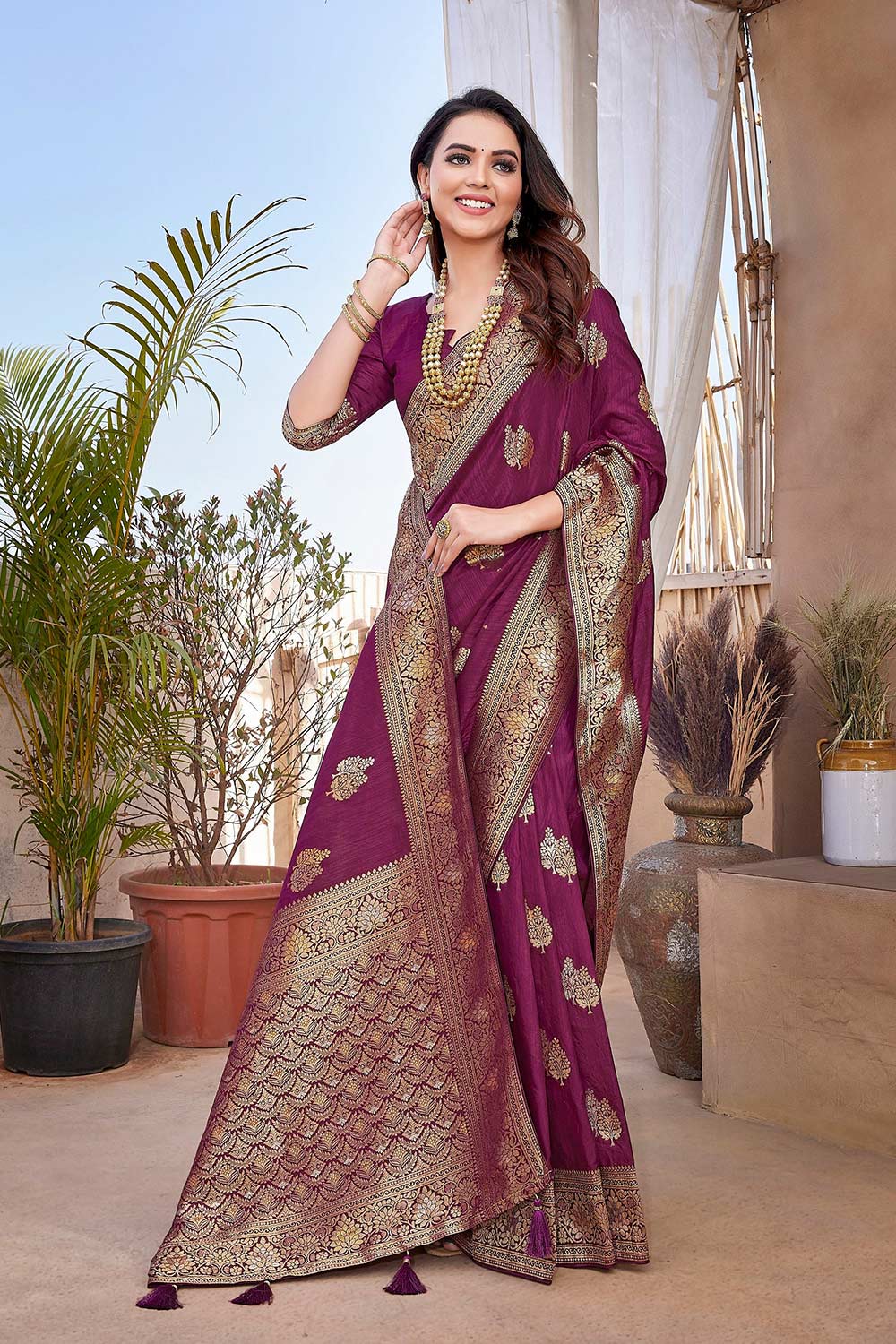 Purple Silk Blend Zari  Saree