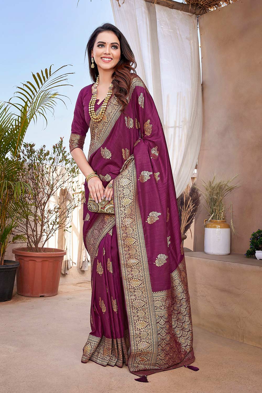 Purple Silk Blend Zari  Saree