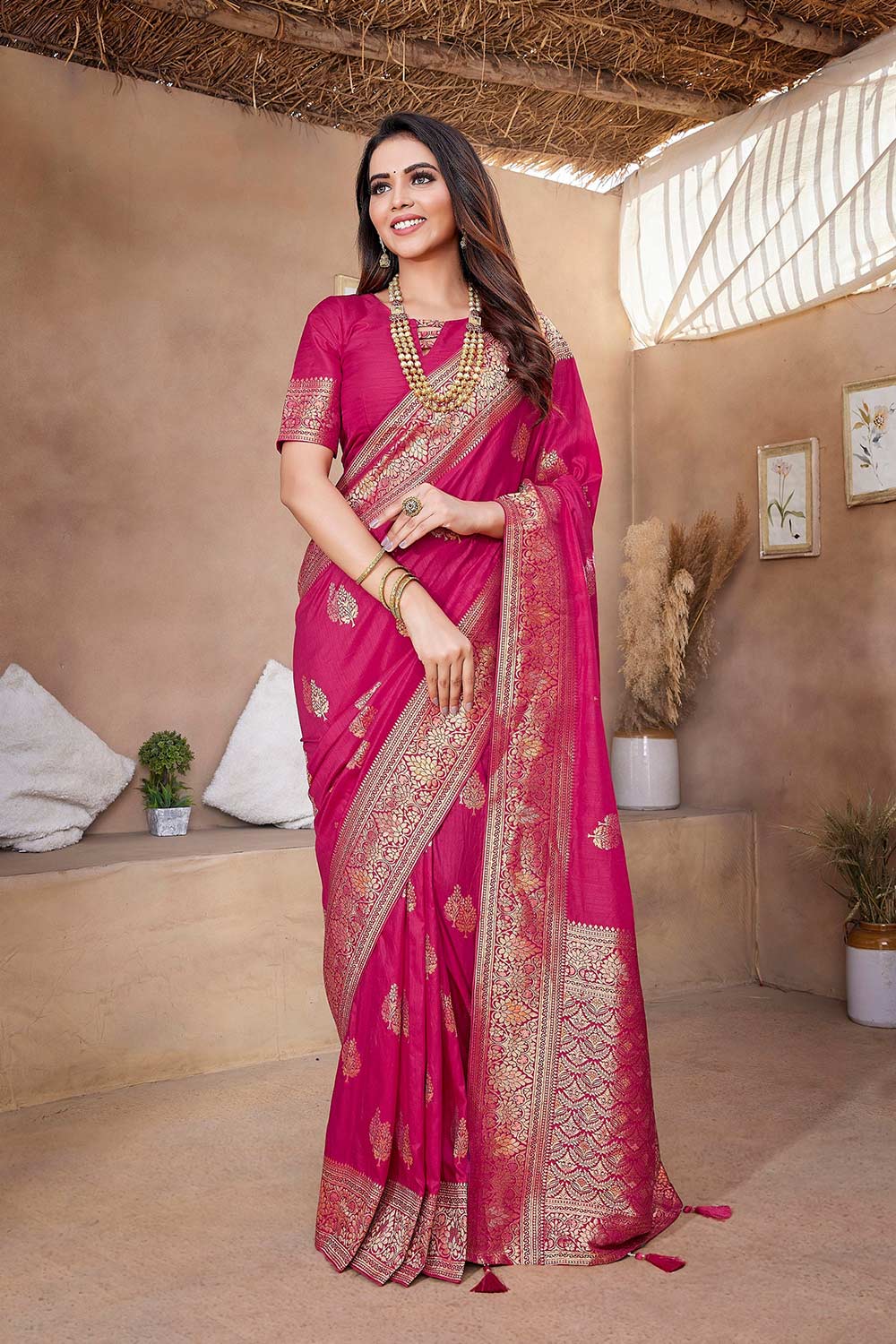 Pink Silk Blend Zari  Saree