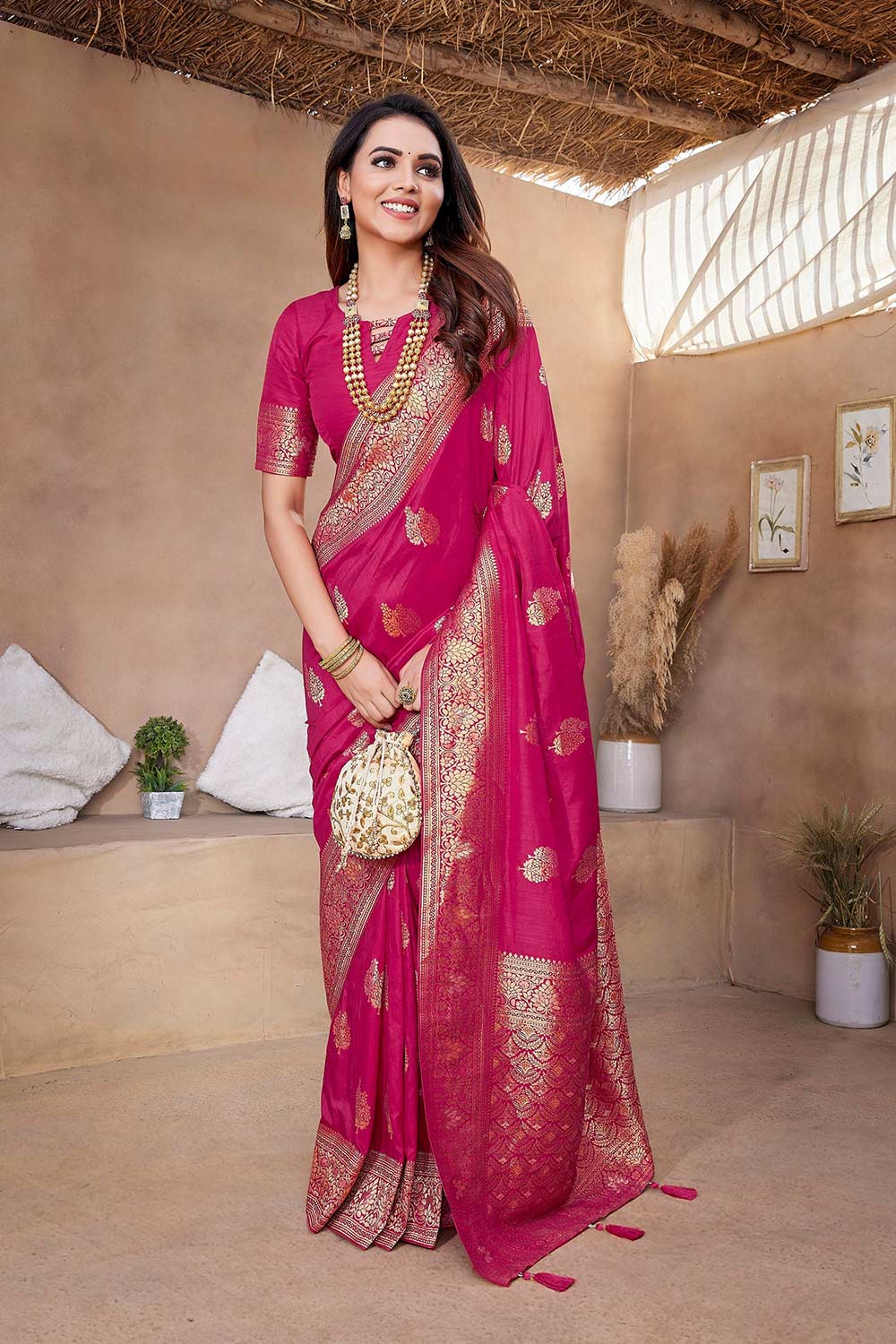 Pink Silk Blend Zari  Saree