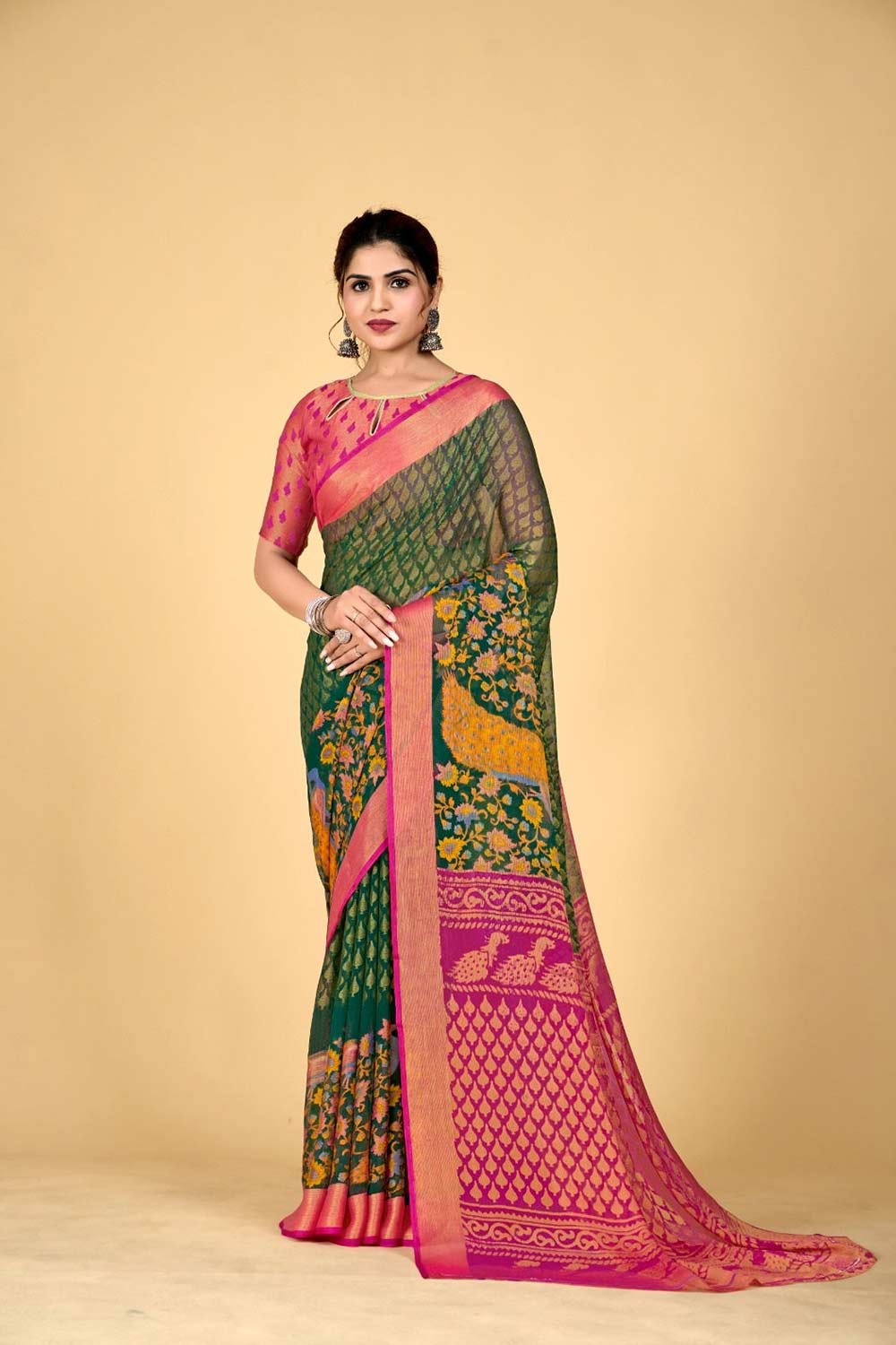 Green Brasso printed Saree