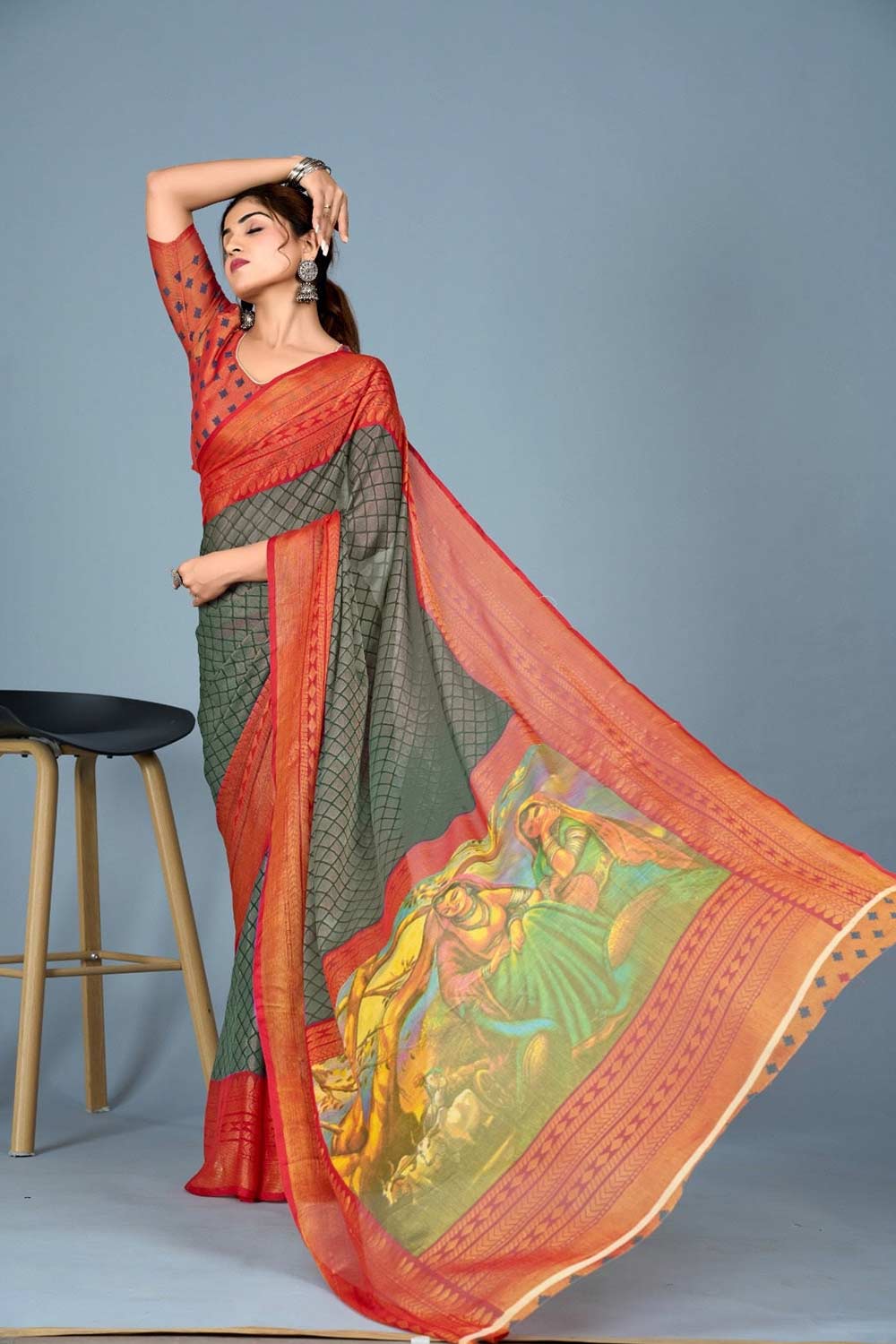 Green Brasso printed Saree